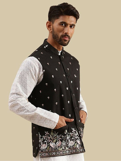 Men’s Black Embroidered Nehru Jacket – Classic Festive Wear