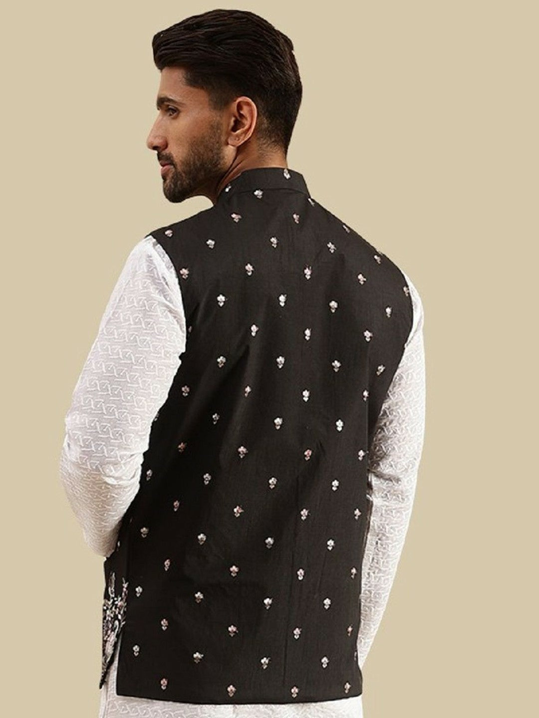 Men’s Black Embroidered Nehru Jacket – Classic Festive Wear