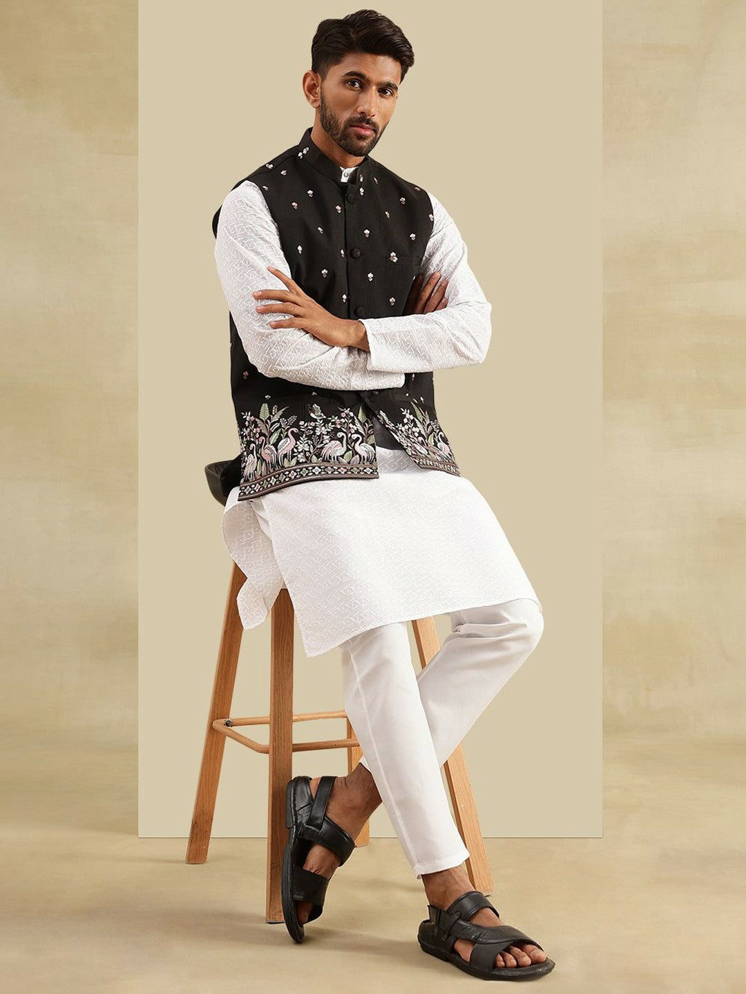 Men’s Black Embroidered Nehru Jacket – Classic Festive Wear