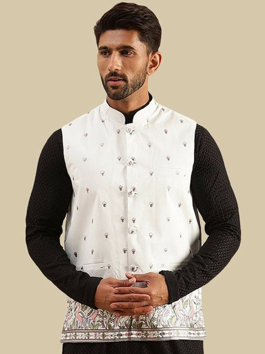 Men’s Cream Embroidered Woven Nehru Jacket – Elegant Traditional Wear