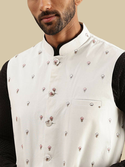 Men’s Cream Embroidered Woven Nehru Jacket – Elegant Traditional Wear