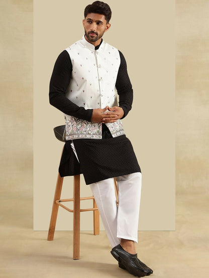 Men’s Cream Embroidered Woven Nehru Jacket – Elegant Traditional Wear