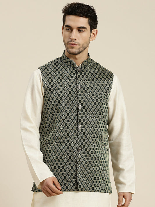 Men’s Olive Green & Beige Woven Design Jacquard Silk Nehru Jacket – Traditional Elegance