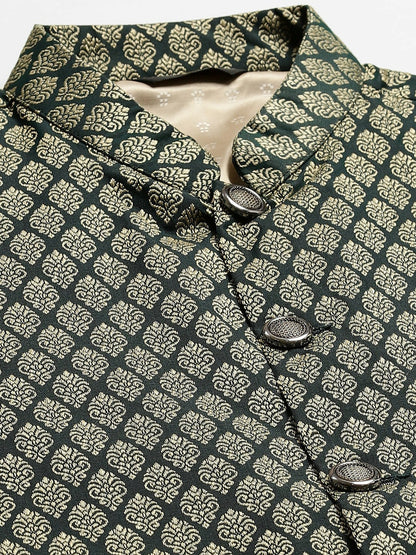Men’s Olive Green & Beige Woven Design Jacquard Silk Nehru Jacket – Traditional Elegance