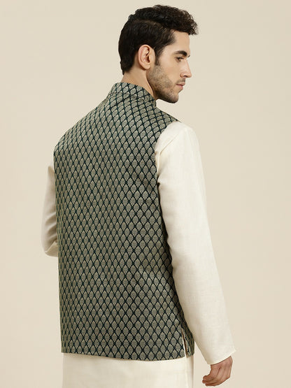 Men’s Olive Green & Beige Woven Design Jacquard Silk Nehru Jacket – Traditional Elegance