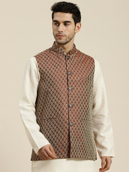 Men’s Maroon & Beige Woven Design Jacquard Silk Nehru Jacket – Traditional Elegance