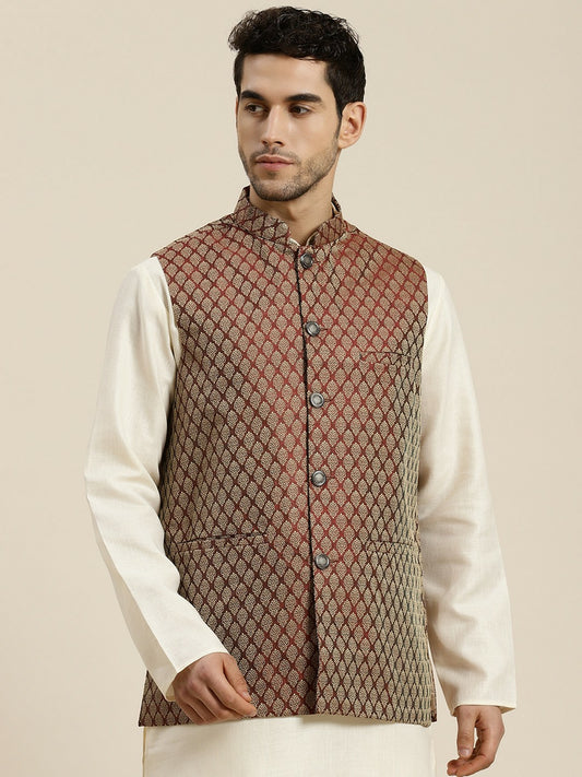 Men’s Maroon & Beige Woven Design Jacquard Silk Nehru Jacket – Traditional Elegance