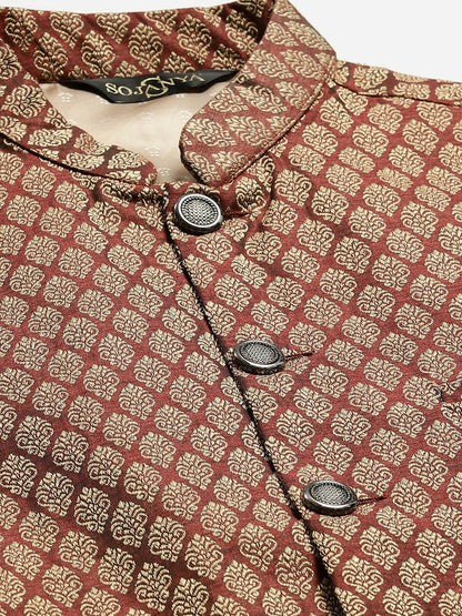 Men’s Maroon & Beige Woven Design Jacquard Silk Nehru Jacket – Traditional Elegance