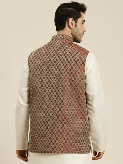 Men’s Maroon & Beige Woven Design Jacquard Silk Nehru Jacket – Traditional Elegance