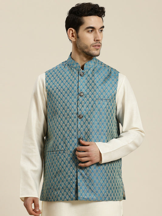 Men’s Teal Blue & Beige Woven Design Jacquard Nehru Jacket – Traditional Elegance