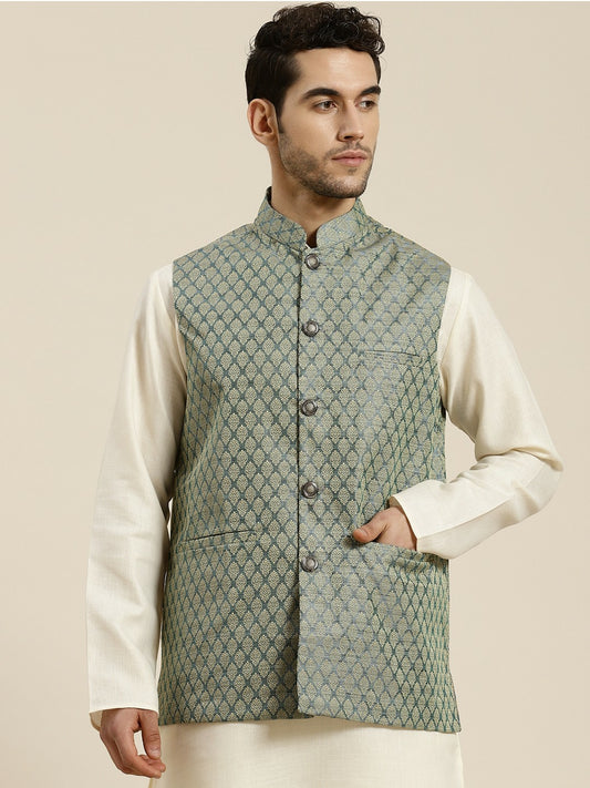 Men’s Green & Beige Woven Design Jacquard Silk Nehru Jacket – Traditional Elegance