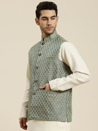 Men’s Green & Beige Woven Design Jacquard Silk Nehru Jacket – Traditional Elegance