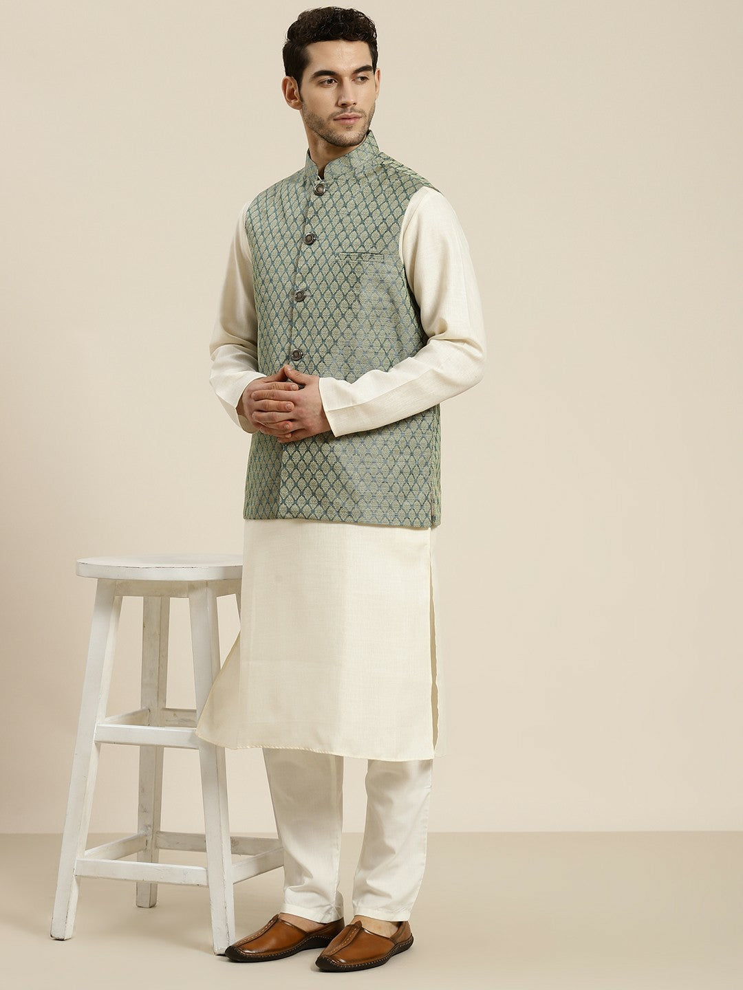 Men’s Green & Beige Woven Design Jacquard Silk Nehru Jacket – Traditional Elegance