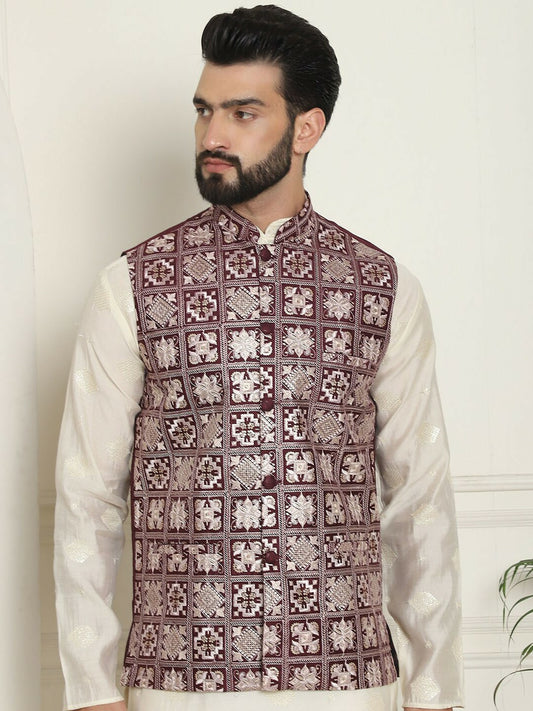 Men’s Maroon Embroidered Woven Nehru Jacket – Traditional Elegance