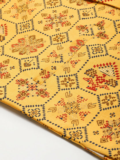 Men’s Yellow Ethnic Motifs Printed Nehru Jacket – Traditional Elegance