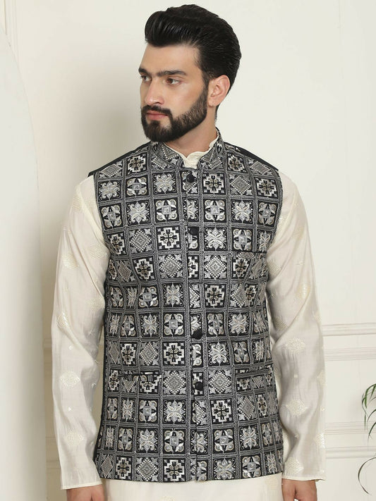 Men’s Black Embroidered Woven Nehru Jacket – Traditional Elegance