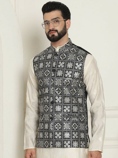 Men’s Black Embroidered Woven Nehru Jacket – Traditional Elegance