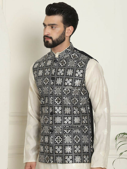 Men’s Black Embroidered Woven Nehru Jacket – Traditional Elegance