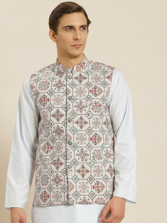 Men’s Off-White Printed Cotton Linen Nehru Jacket – Traditional Elegance