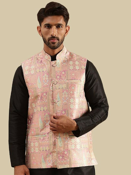 Men’s Pink Woven Design Nehru Jacket – Traditional Elegance