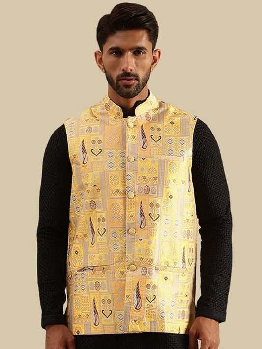 Men’s Geometric Brocade Design Nehru Jacket – Traditional Elegance