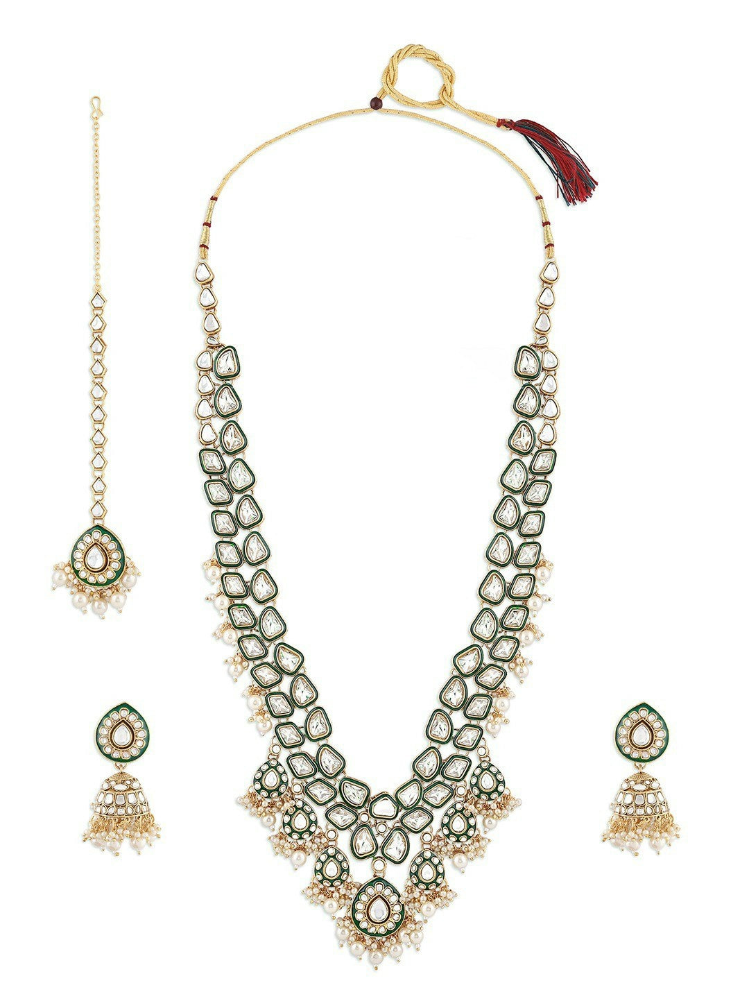 Women’s Gold-Plated Kundan Jewellery Set – Necklace, Earrings & Maang Tikka | Indiaista