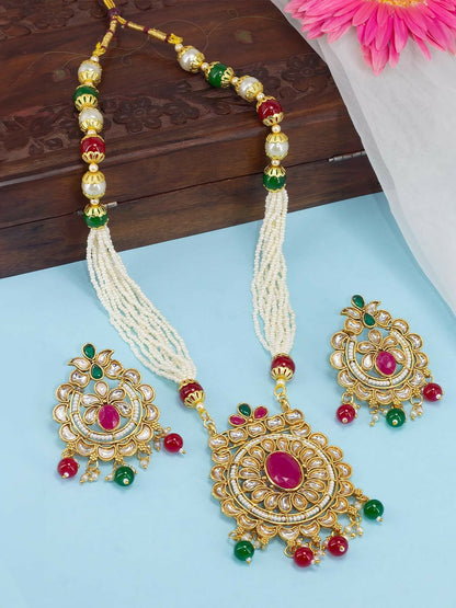 Women Gold Plated Stone & Beaded Jewellery Set - Elegant Necklace & Earrings | Indiaista