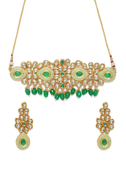 Women Gold-Plated & Green Kundan Jewellery Set | Elegant Traditional Design – Indiaista