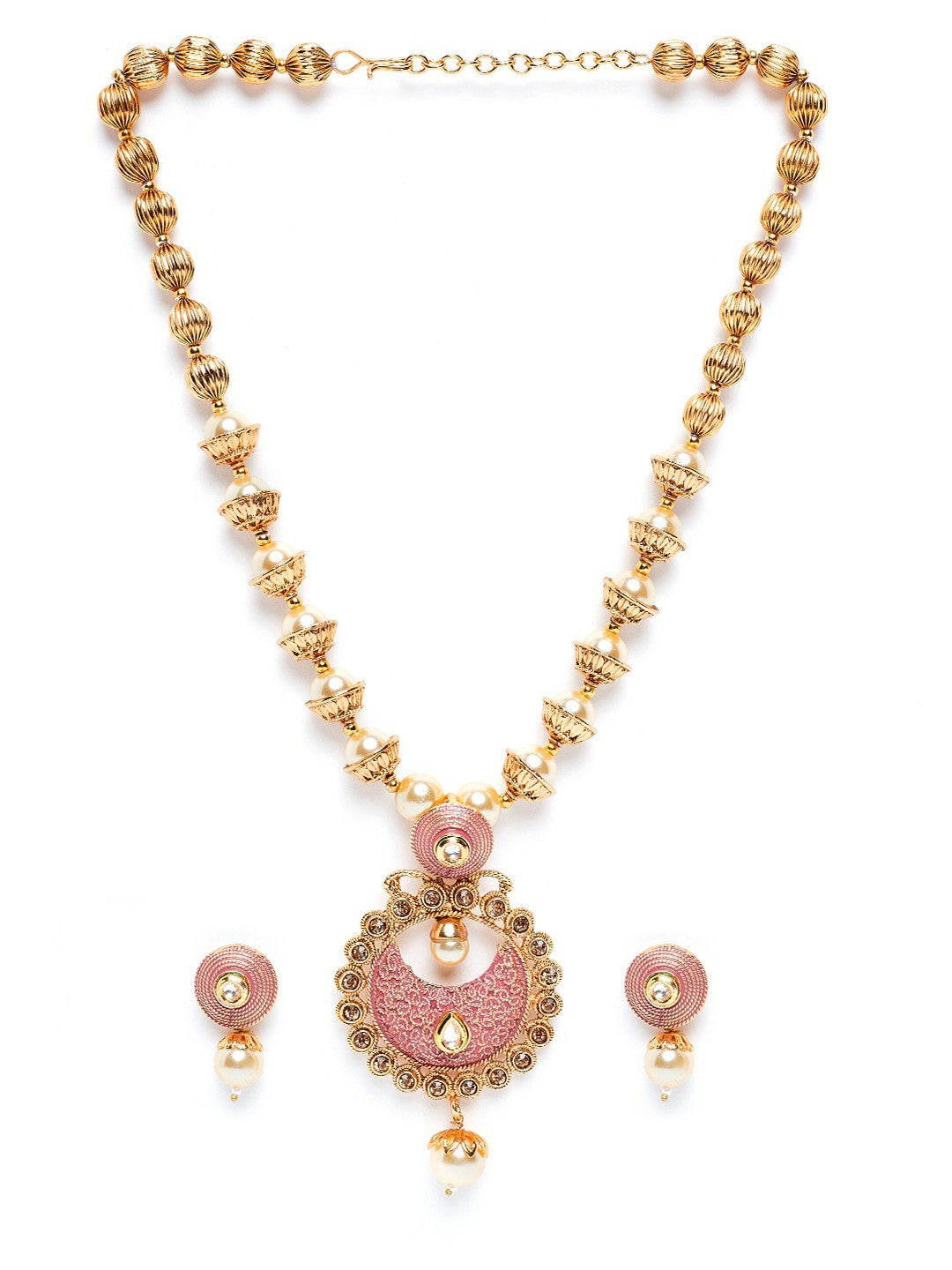 Women’s Gold-Plated Pink Pearl Handcrafted Jewellery Set – Elegant & Traditional | Indiaista