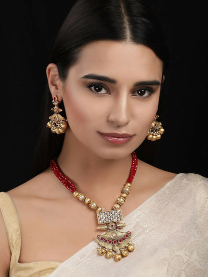 Buy Women’s Antique Gold-Toned & Red Temple Jewellery Set Online – Indiaista