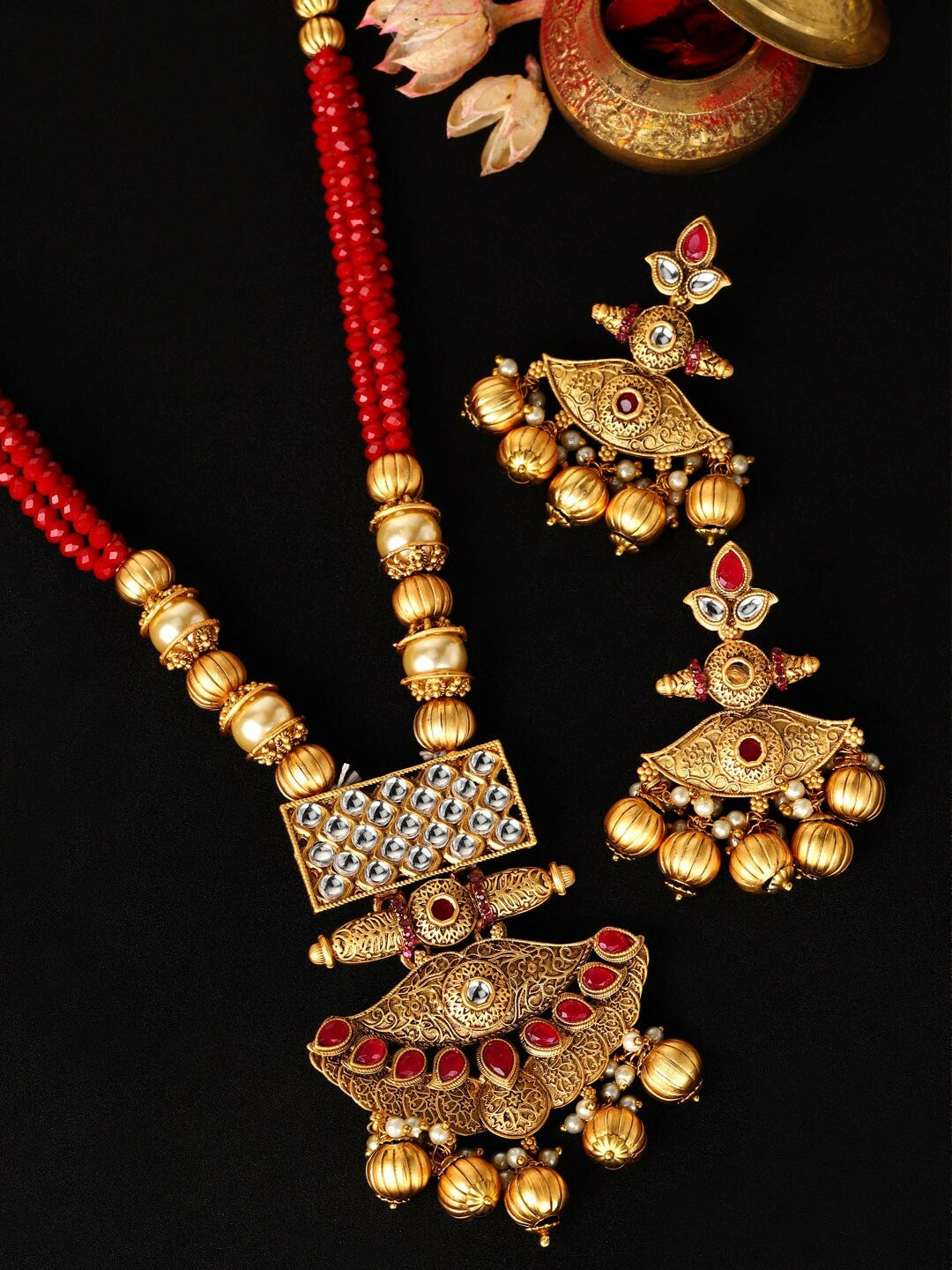 Buy Women’s Antique Gold-Toned & Red Temple Jewellery Set Online – Indiaista