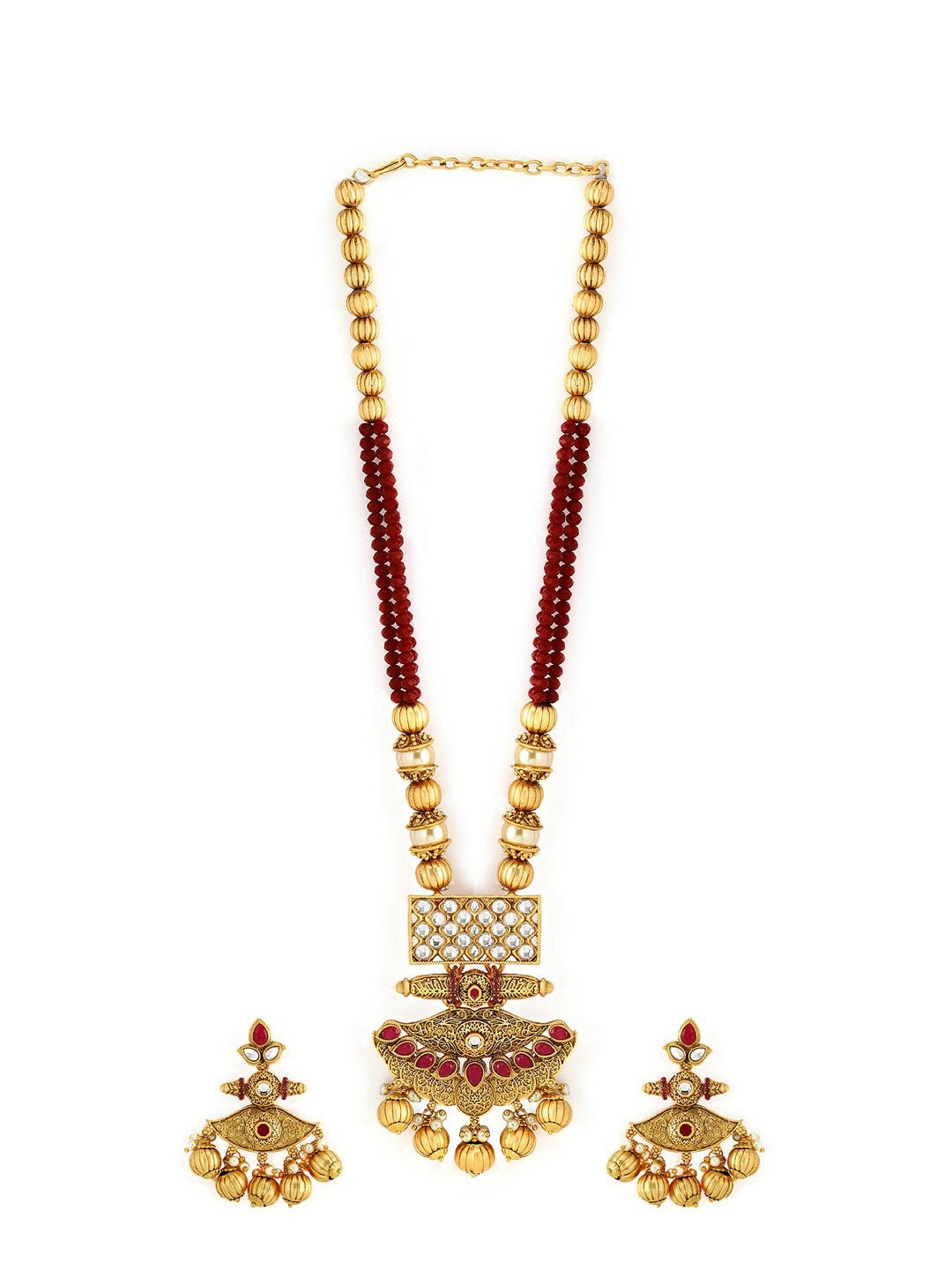 Buy Women’s Antique Gold-Toned & Red Temple Jewellery Set Online – Indiaista