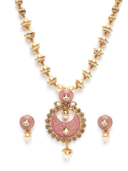 Women’s Gold-Plated Pink Pearl Handcrafted Jewellery Set – Elegant & Traditional | Indiaista