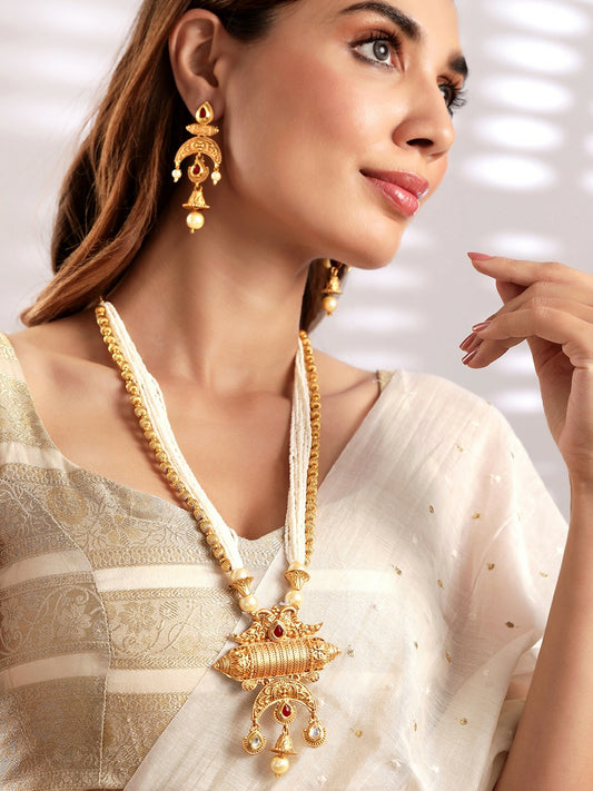 Women’s 18K Gold-Plated Temple Jewellery Set with Red & White Stones & Pearl Beads – Indiaista