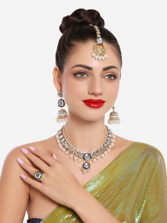 Women’s Gold-Plated Kundan Jewellery Set | Necklace, Earrings, Maang Tikka & Ring – Indiaista