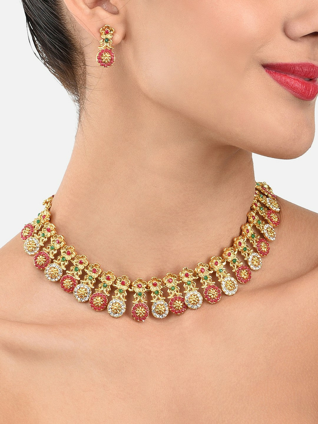 Buy Women Red Gold Plated Jewellery Set Online – Elegant Necklace & Earrings | Indiaista