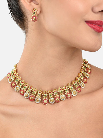 Buy Women Red Gold Plated Jewellery Set Online – Elegant Necklace & Earrings | Indiaista