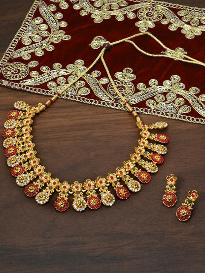 Buy Women Red Gold Plated Jewellery Set Online – Elegant Necklace & Earrings | Indiaista