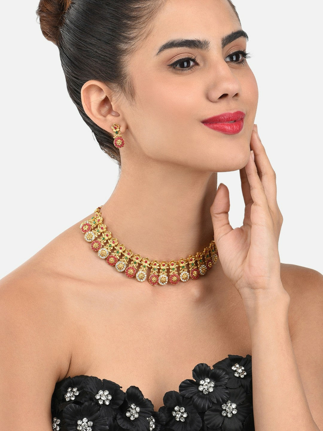 Buy Women Red Gold Plated Jewellery Set Online – Elegant Necklace & Earrings | Indiaista