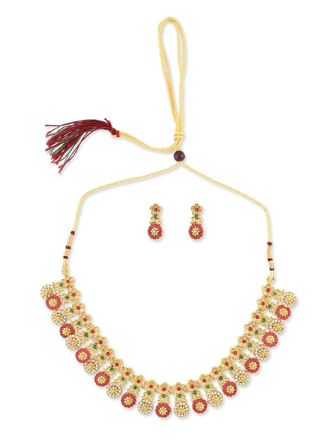 Buy Women Red Gold Plated Jewellery Set Online – Elegant Necklace & Earrings | Indiaista