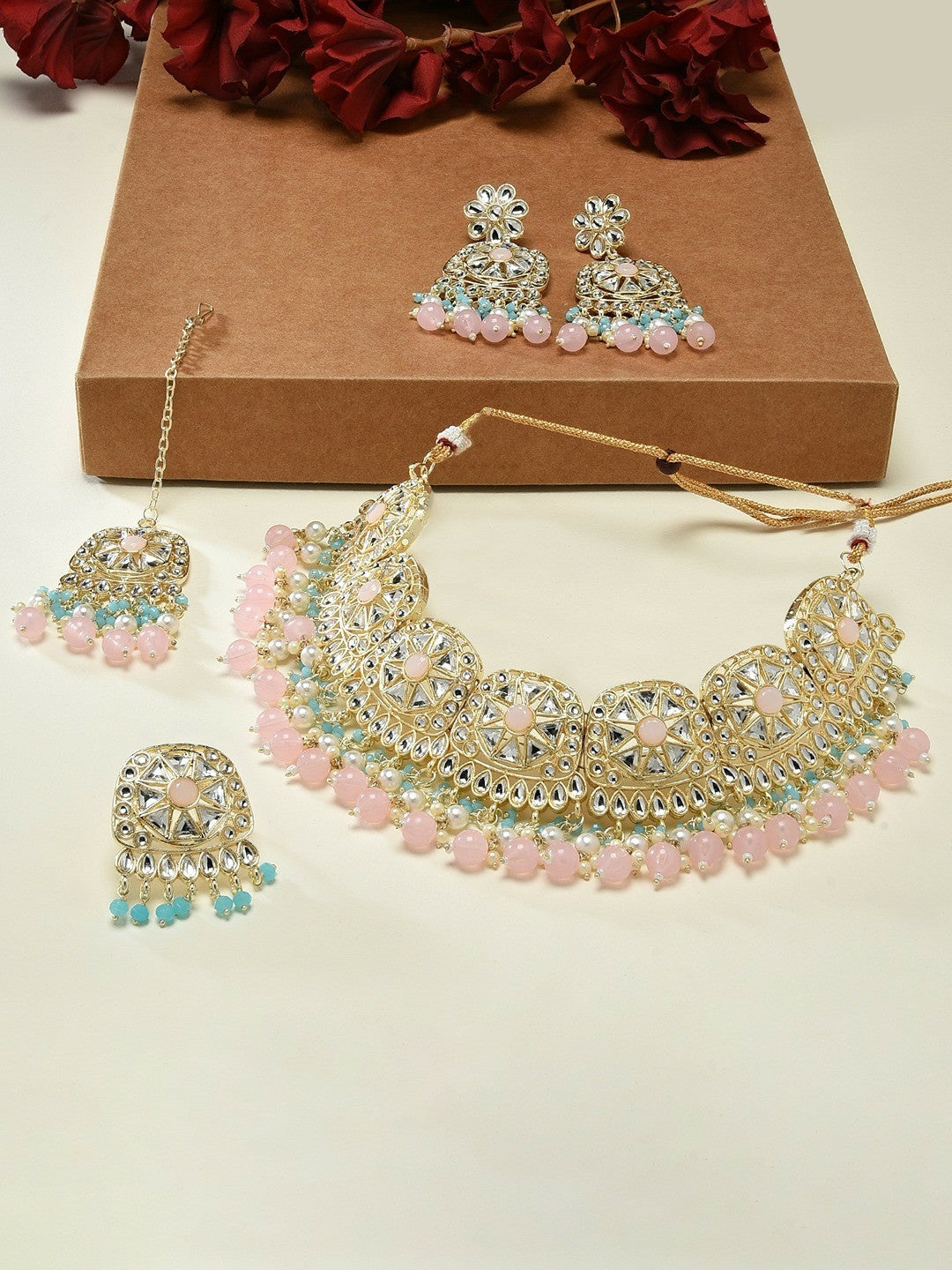 Women Gold-Plated Kundan Necklace & Earring Set with Maang Tika - Indiaista