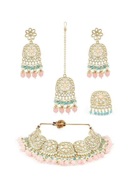 Women Gold-Plated Kundan Necklace & Earring Set with Maang Tika - Indiaista