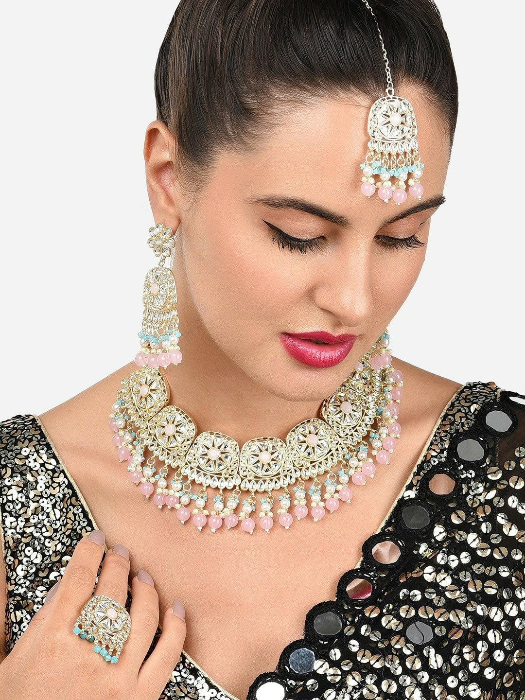 Women Gold-Plated Kundan Necklace & Earring Set with Maang Tika - Indiaista