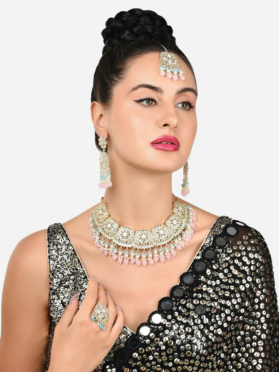 Women Gold-Plated Kundan Necklace & Earring Set with Maang Tika - Indiaista