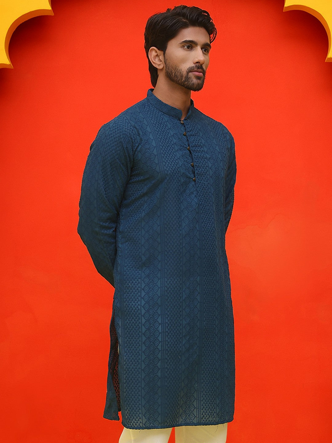 Men’s Teal Blue Chikankari Kurta – Geometric Embroidery, Pure Cotton