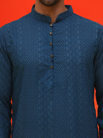 Men’s Teal Blue Chikankari Kurta – Geometric Embroidery, Pure Cotton