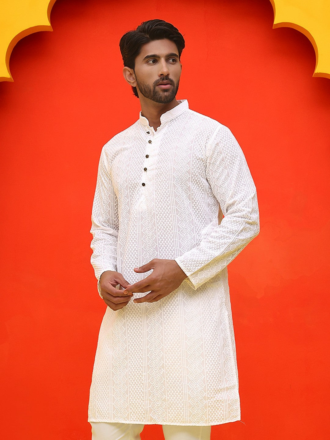 Men’s White Geometric Chikankari Kurta – Pure Cotton, Mandarin Collar
