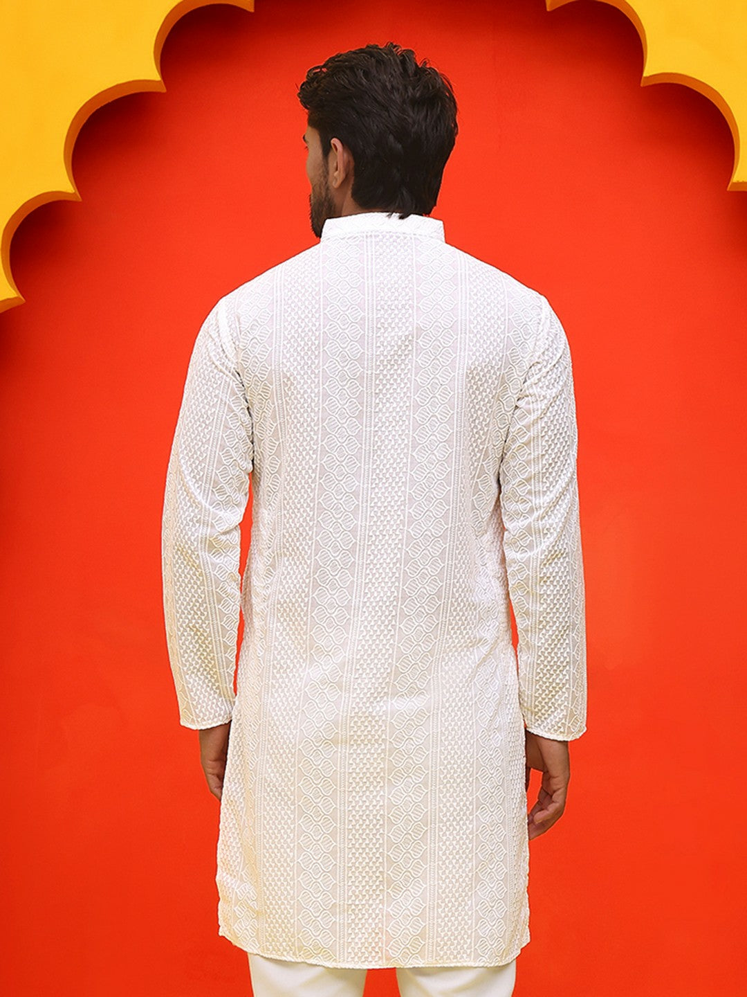 Men’s White Geometric Chikankari Kurta – Pure Cotton, Mandarin Collar