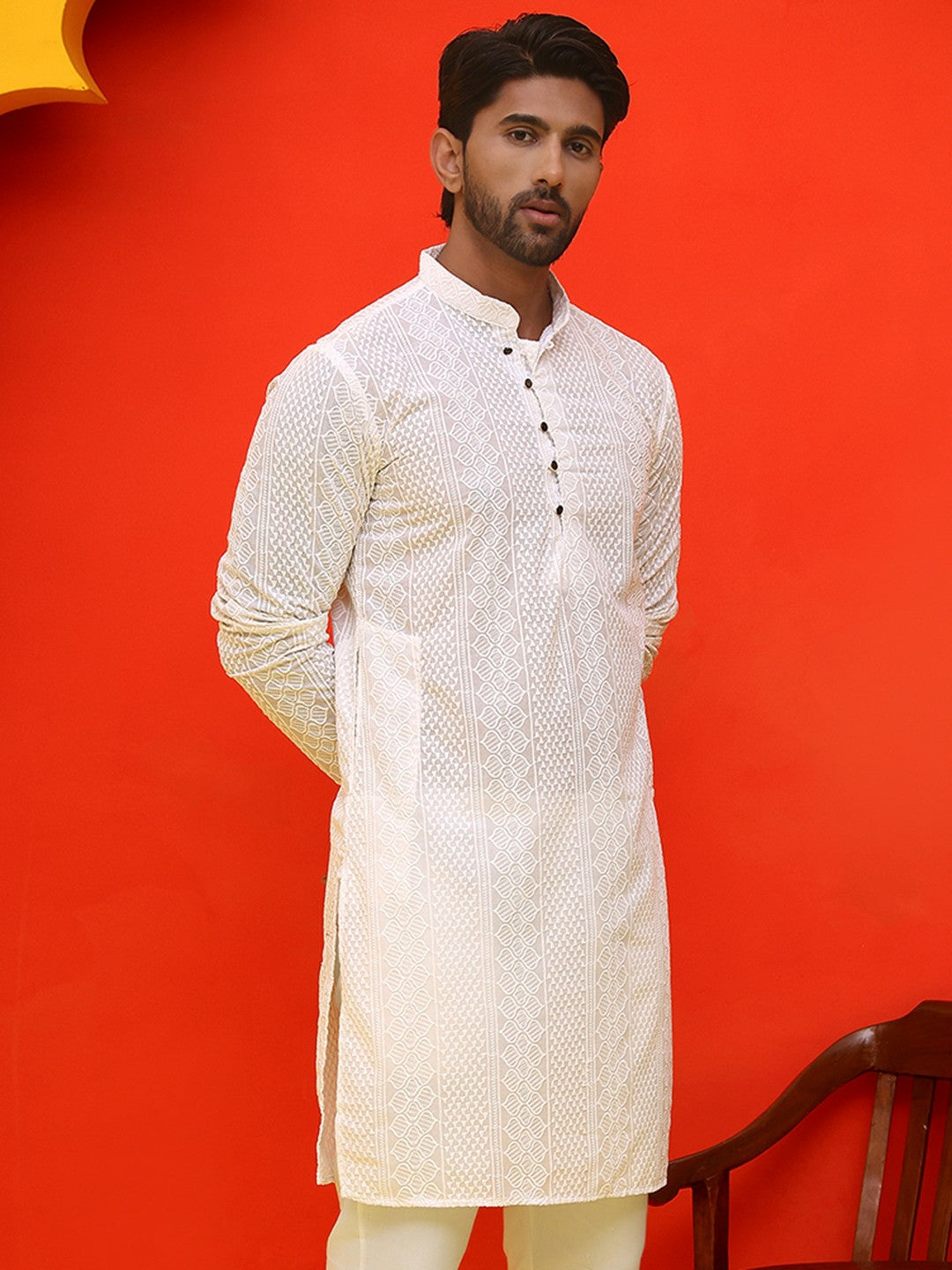 Men’s White Geometric Chikankari Kurta – Pure Cotton, Mandarin Collar