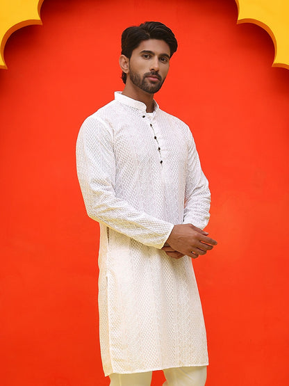 Men’s White Geometric Chikankari Kurta – Pure Cotton, Mandarin Collar